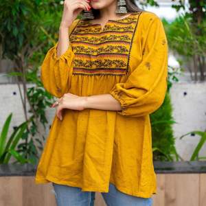 Nueva llegada, precio de fabricante, último cuello, tela de rayón, indio, bordado, corto, señoras, Ropa Étnica, Túnica superior, impresión Digital - Product Image 3