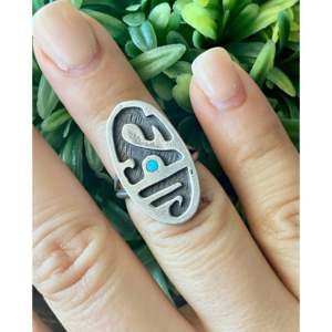 Vintage Navajo Made Turquoise & Sterling <b>Silver</b> <b>Statement</b> <b>Ring</b> Geometric Design Vermeil Rhodium Plating Size 5.5 Everyday Wear - Product Image 2