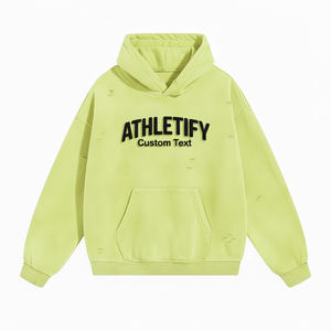 Sudadera con Capucha para Hombre, Estilo Desgastado en la Parte Delantera, Detalles Desgarrados, Mezcla de Algodón, Tejido de Punto, Ajuste Holgado, Transpirable, para Invierno, Informal - Product Image 1