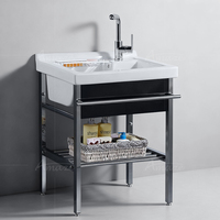 Bac à linge profond pour buanderie, balcon ou utilitaire, en céramique avec cadre en acier inoxydable