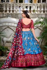 Imprimé Lehenga Patola en soie de Tussar traditionnel nouvellement conçu avec une bordure de tissage Zari pour une tenue de fête de mariage - Product Image 4