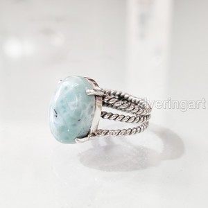 Anillo de Mujer con Piedra Preciosa de Larimar Natural, 3 Bandas Trenzadas Estilo Bohemio, Regalo de Navidad, Joyería Hecha a Mano, Anillo de Plata de Ley 925 - Product Image 2