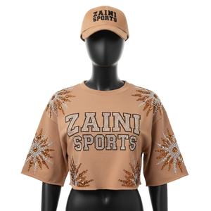 T-shirt court pour femme en coton et polyester de qualité supérieure, 220 GSM, brun camel, toucher doux, logo en strass, chemise pour femme - Product Image 1