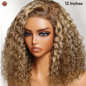 Perruque Lace Frontale Jerry Curly de 12 Pouces, <span class=keywords><strong>Blond</strong></span> Miel avec Mèches, Cheveux Humains Vierges Brésiliens, Dentelle Transparente, pour Femmes - Product Image 1