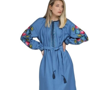 Robe de soirée orientale pour femmes, broderie ballon, manches longues, longueur genou, fente latérale - Product Image 1