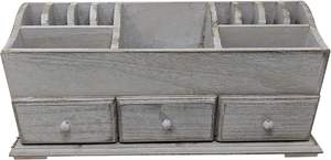 Farmhouse Desk 3 <b>Drawer</b> Wooden Vanity Makeup Beauty Jewelry <b>Storage</b> Organizer (Rustic White) - Product Image 3