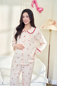 B2 MUM B877 Long Sleeve Cherry Red Linen Maternity Sleep <b>Set</b> Peter <b>Pan</b> Collar Breathable Soft Fabric Cloud Pattern for Pregnant - Product Image 2