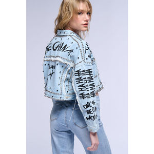 Blouson d'aviateur surdimensionné à fermeture éclair et à bord brut avec graphique brodé personnalisé Denim délavé vintage pour hommes femmes rempli de coton - Product Image 5