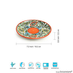 Juego de 6 Platos Laterales/Tercioplatos de Cerámica Multicolores Naranja Pintados a Mano con Diseño Bohemio Mughal Bagheecha, Aptos para Microondas - Product Image 6