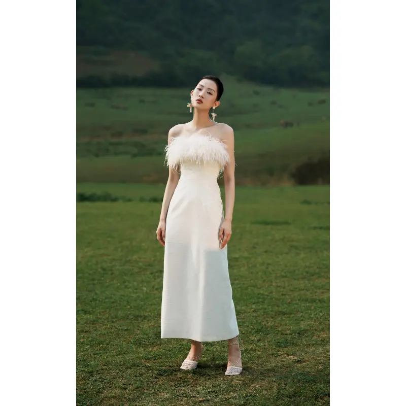 Beautiful Long Women's Dress Back Slit Luxury DIAZ FEATHER LONG DRESS Floral Cotton Jacquard Fabric Women Clothing WHITEANT