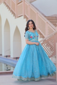 ชุด anarkali สำเร็จรูปพร้อมชุดเย็บปักตามลำดับความยาวถึงพื้นชุด anarkali จากผู้จำหน่ายในอินเดีย - Product Image 3