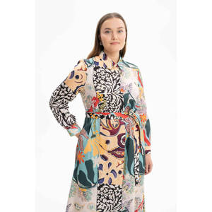 Navy Blue <b>Mint</b> Patterned Knee-Length Shirt <b>Dress</b> with Zippers and Ruffles - Product Image 5
