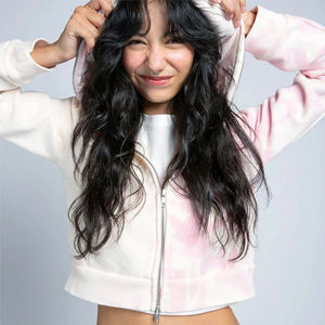 Sweat à capuche zippé court personnalisé pour femme, rose et blanc, en polaire doux, respirant et écologique, pour un style décontracté et urbain - Product Image 2