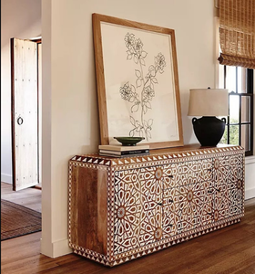 Buffet en bois de manguier massif courbé à la main sculpté à la main design marocain commode à tiroirs en bois - Product Image 2