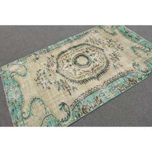 Tapis Oriental Vert Beige Laine 4.2X7.3 ft Fait Main Turc Aubusson Design pour Salon Couloir Patchwork Rectangle Latex - Product Image 2