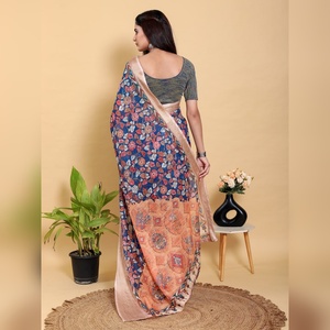 Sari de Algodón y Lino con Diseño Floral Artístico en Color Azul Marino y Cobre, Modelo GG-616, Incluye Pieza, Especificaciones para Uso Festivo - Product Image 6