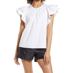 Top in Cotone Popeline Halogen(R) da Donna con Maniche a Volant, Colletto Arricciato in Lino, Elegante e Casual, Bianco, Taglia XL, per Primavera - Product Image 1