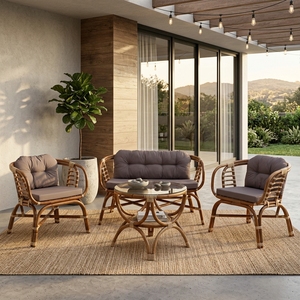 Natural Polished <b>Rattan</b> Outdoor Garden Furniture Set <b>Sofa</b> Armchairs Glass Coffee Table Patio Setup Room Decor Art Pure Design - Product Image 3