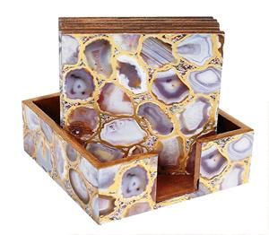 Round Wood Brass Inlay <b>Coasters</b> <b>Set</b> 1 Custom Wood <b>Coaster</b> <b>Set</b> with Handmade Bone <b>and</b> Brass Inlay Made in India - Product Image 3