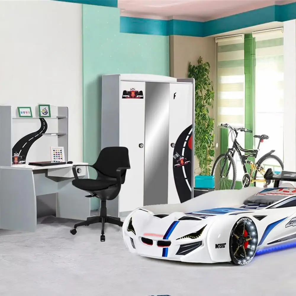 White Car Kids bedroom furniture with race car bed, Racer kids furniture, children bedroom furniture, red kids room, car kids ro