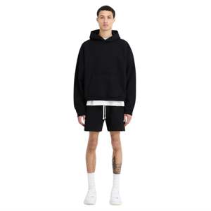 เสื้อฮู้ดแบบสวมหัว Boxy รุ่นเริ่มต้นสีดำเสื้อผ้าฝ้าย500gsm สไตล์สตรีทแวร์แขนกว้างตัดแบรนด์น้อยที่สุด - Product Image 2