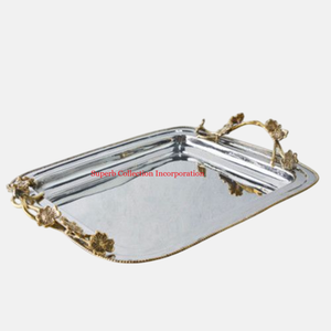 ถาดเสิร์ฟอาหารสำหรับงานแต่งงานในโรงแรมที่น่าดึงดูดใจถาดโลหะสีทองพร้อมที่จับลายดอกไม้ - Product Image 2