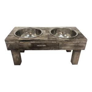 Brown Wash Antique Look Wooden Pet Feeder <b>Table</b> with Raised Bowls for <b>Dogs</b> and Cats Rustic Pet Feeding Station - Product Image 1