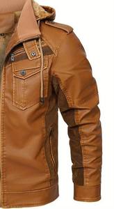 Veste en cuir d'hiver vintage chic pour hommes et femmes avec doublure en coton coupe-vent et respirant à capuche en fausse fourrure - Product Image 2