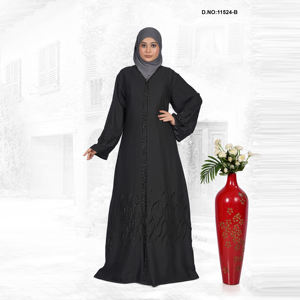 Abaya moderne à bordure brodée en tissu Nida léger, longueur au sol, manches longues, design vintage écologique - Product Image 2
