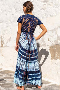 Summer Resort Wear Blue Tie Dye Wrap Maxi Dress for Women Handmade Bohemian V Neck Slit Beach Dress - Product Image 5