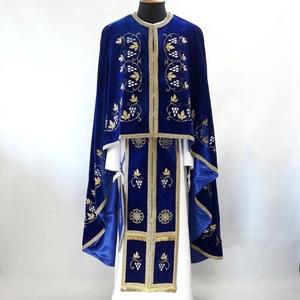 Ensemble de vêtements liturgiques de l'église orthodoxe en velours bleu royal avec broderie en fils d'or, robe de clergé, chasuble de prêtre - Product Image 1