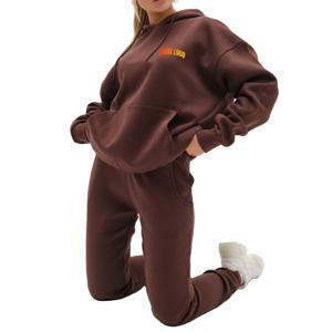 100% Cotton Comfort Winter <b>Gym</b> <b>Sets</b> for Women Oversized High-Quality 400 GSM Fleece Plain Two-Piece <b>Brown</b> Tracksuits - Product Image 1