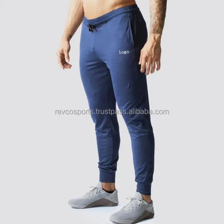 Celana olahraga Jogger Slim Fit pria, bawahan pinggang tali poliester ringan biru dongker untuk Olahraga