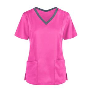Uniforme d'allaitement pour femmes, été, couleur unie, manches courtes, col en V, chemisier avec poches - Product Image 1