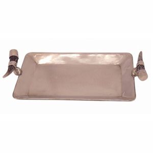 Plateau de service en métal argenté poli de luxe avec poignées en corne noire naturelle - Plateau ottoman rectangulaire décoratif en acier inoxydable - Product Image 4
