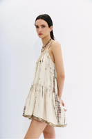 Robe mini éco-responsable de style bohème, fabriquée en Inde, à col halter, manches 3/4, ourlet évasé, respirante, lavable, naturelle, pour femmes