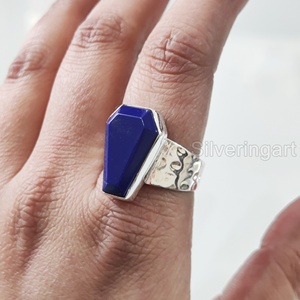 แหวนสำหรับผู้หญิงโลงศพธรรมชาติ Lapis Lazuli พลอย September birthstone unisex 925แหวนเงินสเตอริง - Product Image 4