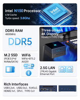 Mini PC Intel N100/N150 Quad-Core EMMC Windows 10/11 32 Go DDR5 2.5G LAN HDMI2.1 4K 2xDP 4K 2xUSB3.2 2xUSB2.0 Utilisation professionnelle Neuf