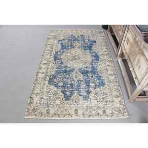 Alfombra Turca Vintage, Alfombra Extra Grande de 3.1x6.3 pies (94x193 cm), Alfombra de Lana con Rayas Azules - Product Image 1