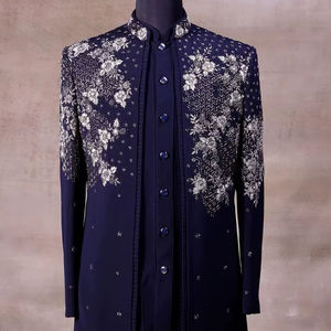2025 @ Groom Men's Customized Navy Shrug, Sherwani & Pant & shoe avec perles de verre en cristal embellies, Dabka Stone Hand work - Product Image 1
