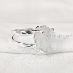 Joyería de piedra en bruto, anillo para mujer, en bruto de cuarzo rosa Natural piedra preciosa, piedra natal de abril, dos bandas martilladas, anillo de Plata de Ley 925 - Product Image 4