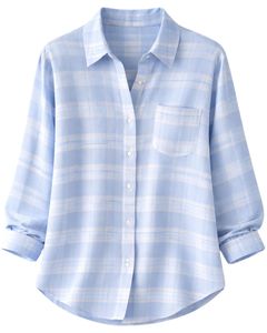 Camisa Oversize a Cuadros para Mujer, Azul Claro, Manga Larga, Casual, de Franela, Tipo Túnica, Suave, Otoño Invierno, Venta al por Mayor - Product Image 1