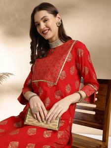 women ethnic Floral Motifs Printed Pure Cotton Kurta With <b>Trousers</b> indian pakistani salwaar kameez <b>suit</b> - Product Image 6