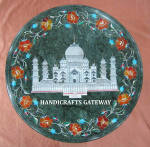 Hermoso Tajmahal de mármol verde hecho a mano y diseño de flores, mesa de comedor de café con incrustaciones con la mejor calidad, tapa de forma redonda - Product Image 1