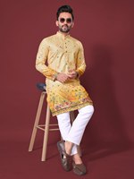 Kurta traditionnel pour homme, coupe ajustée et taille régulière, en tissu coton-rayonne, broderie sur les deux côtés, manches longues, motif, longueur genou, sans plis