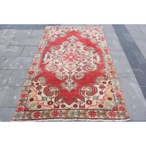 Vintage <b>Red</b> Beige <b>Wool</b> Rug 4.2 X 6.7 ft Kilim Style Large Area Turkish Rectangle Rugs Patchwork Abstract Hallway 10mm Latex - Product Image 1