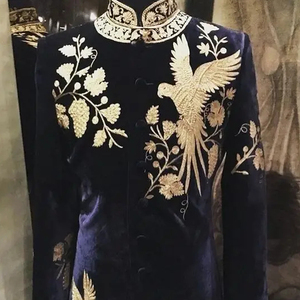 Stunning Embroidery on Stylish Navy Velvet Sherwani ,<b>pant</b> Dress with Embellished Crystal Glass Beads,glass Stone,dabka Work@2024 - Product Image 1