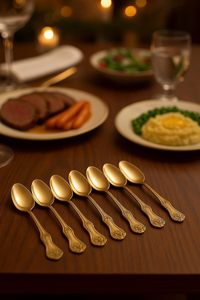 Cubiertos para bodas, utensilios de restaurante de hotel, juego de cuchara y tenedor reutilizables, cubiertos de lujo dorados, cubiertos vintage grabados, juego de vajilla - Product Image 4