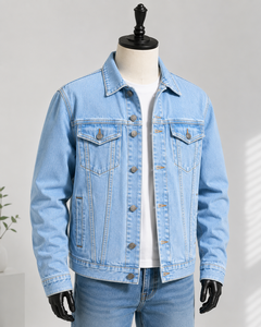 <b>Men's</b> Light Blue <b>Denim</b> <b>Jacket</b> Regular Fit Turn-down Collar Washed Cotton Casual Spring Style Single Breasted Button Closure - Product Image 4