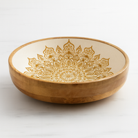 Mangkuk kayu mangga desain pohon palem emas, buatan tangan dekorasi Salad buah melayani piring dapur kayu Artisan pedesaan